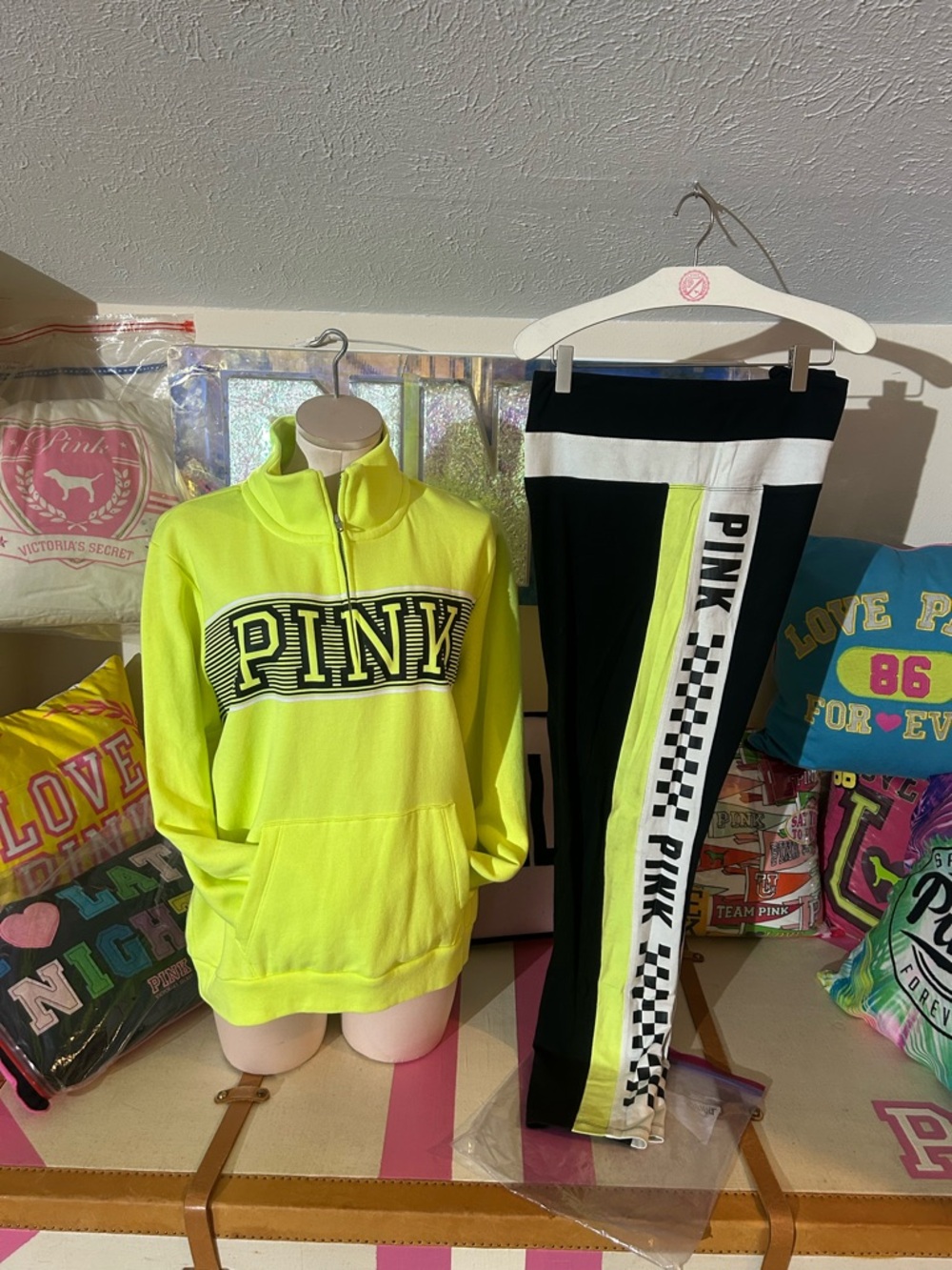 Pink Neon Yellow & Black PINK Sweatshirt and Track Pants Set